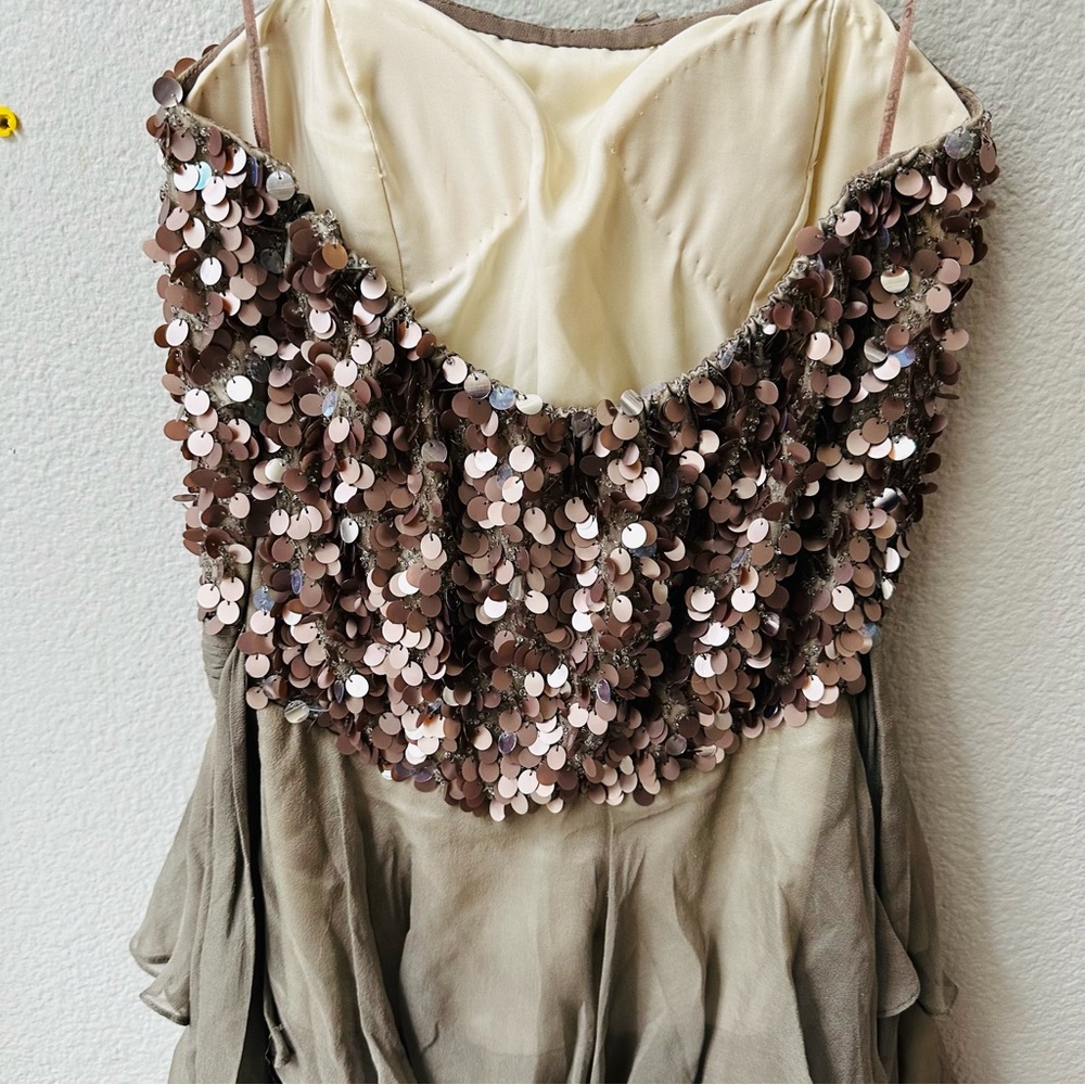 Scala Strapless Taupe Gray Sparkle Sequin Silk Ru… - image 8